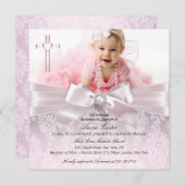 ボーかわいらし&クロスフォトバプテスマ/《キリスト教》洗礼式や命名式ピンク 招待状 (正面/裏面)