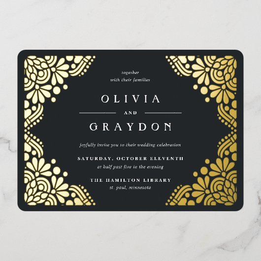 ボーアーツ |エレガントヴィンテージ結婚アールデコ 箔招待状 (正面)