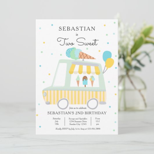 ボーイアイスクリームトラックツースウィート2番目の誕生日パーティー 招待状 (スタンド正面)