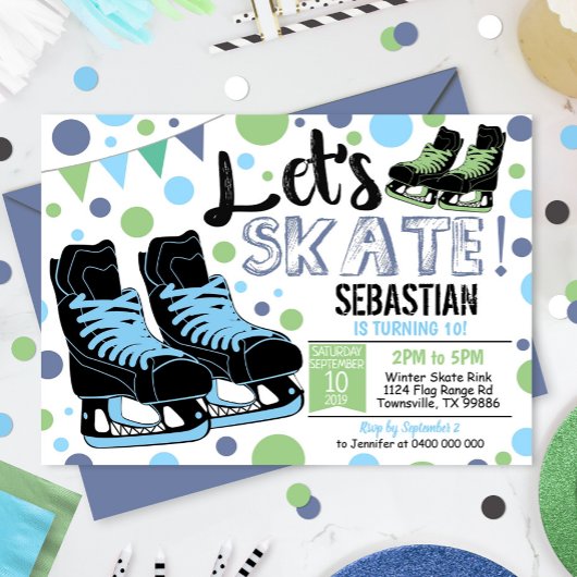 ボーイアイススケートで滑る招待状アイススケートで滑るパーティーブルー 招待状