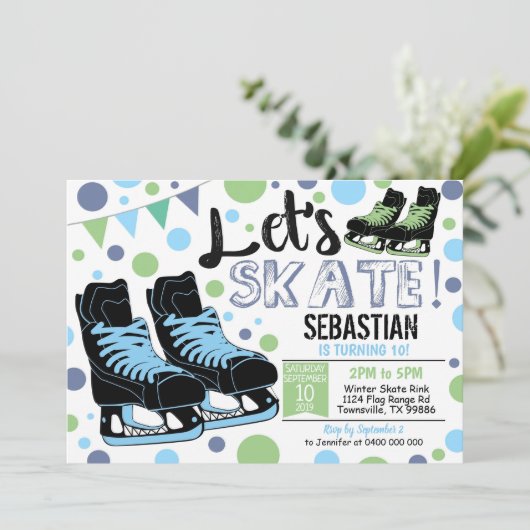 ボーイアイススケートで滑る招待状アイススケートで滑るパーティーブルー 招待状 (スタンド正面)
