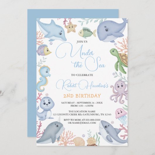 ボーイアンダーザシーアニマルズ海誕生日 招待状 (正面/裏面)