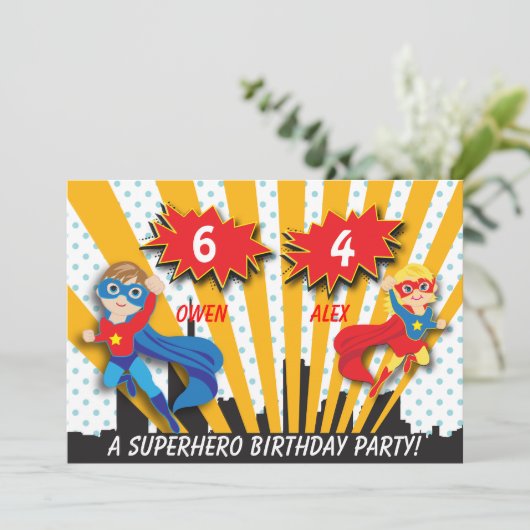 ボーイアンドガールスーパーヒーロー誕生日 招待状 (スタンド正面)