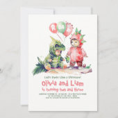 ボーイアンドガール恐竜ジョイント誕生日招待状 招待状 (正面)