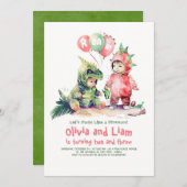 ボーイアンドガール恐竜ジョイント誕生日招待状 招待状 (正面/裏面)