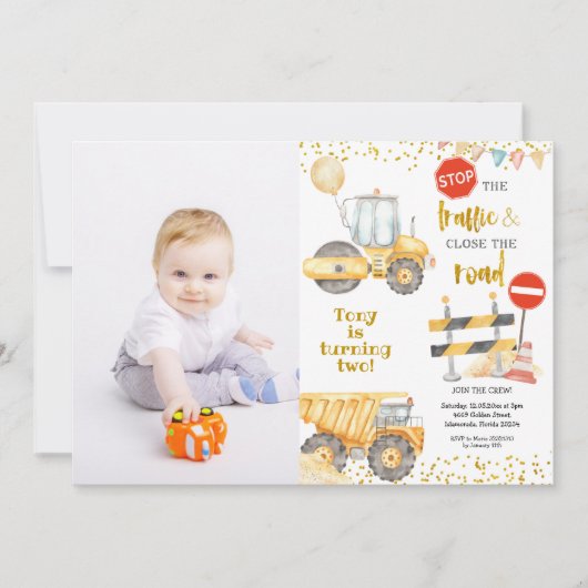ボーイイエロー建築トラック誕生日と写真 招待状 (正面)