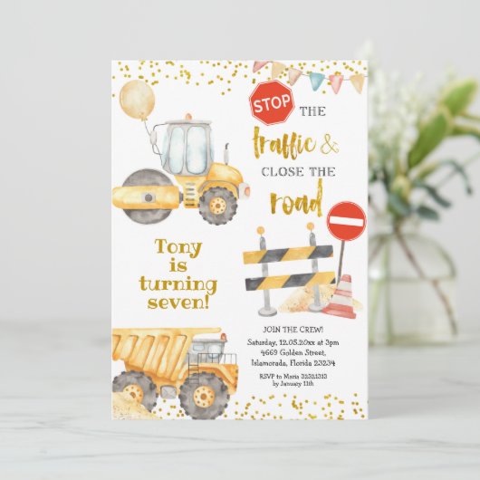 ボーイイエロー建築トラック誕生日 招待状 (スタンド正面)