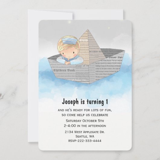 ボーイインボートバビーズファースト誕生日招待状 招待状 (正面)