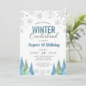 ボーイウィンターオネダーランドスノーフレークスファースト誕生日 招待状 (スタンド正面)