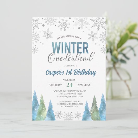 ボーイウィンターオネダーランドスノーフレークスファースト誕生日 招待状 (スタンド正面)