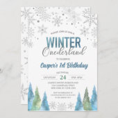 ボーイウィンターオネダーランドスノーフレークスファースト誕生日 招待状 (正面/裏面)