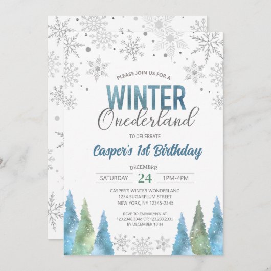 ボーイウィンターオネダーランドスノーフレークスファースト誕生日 招待状 (正面/裏面)