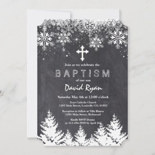 ボーイウィンターホリデースノーフレークスシャルボードバプテスマ 招待状 (正面)