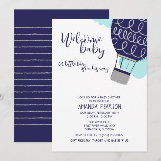 ボーイウェルカムベビーホットエアバルーンベビーシャワー 招待状 (正面/裏面)