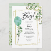 ボーイウォーターカラーグリーンオーベイビーシャワー 招待状 (正面/裏面)