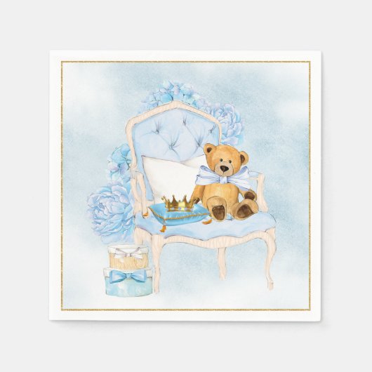 ボーイウォーターカラーブルー金ゴールドベビーシャワーナプキンズ スタンダードカクテルナプキン (正面)