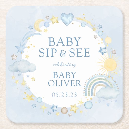 ボーイウォーターカラーレインボーシップと参照 スクエアペーパーコースター (正面)