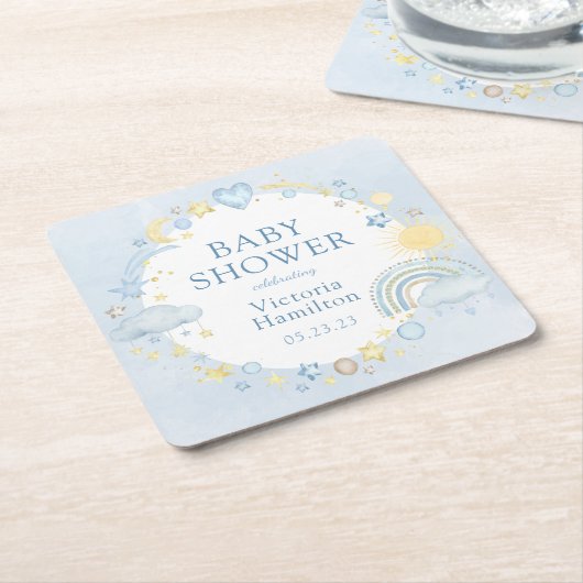 ボーイウォーターカラーレインボーベビーシャワー スクエアペーパーコースター