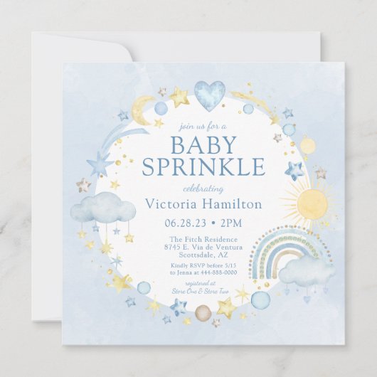 ボーイウォーターカラーレインボーベビー散布 招待状 (正面)