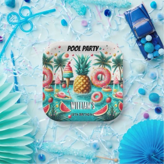ボーイウォーターブルークールプールパーティー13誕生日 ペーパープレート (パーティー)