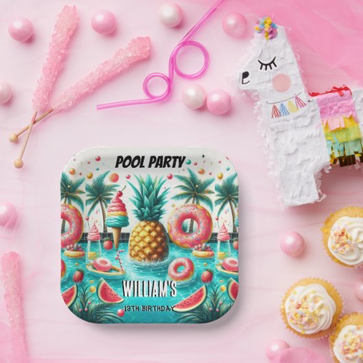 ボーイウォーターブルークールプールパーティー13誕生日 ペーパープレート (パーティー)