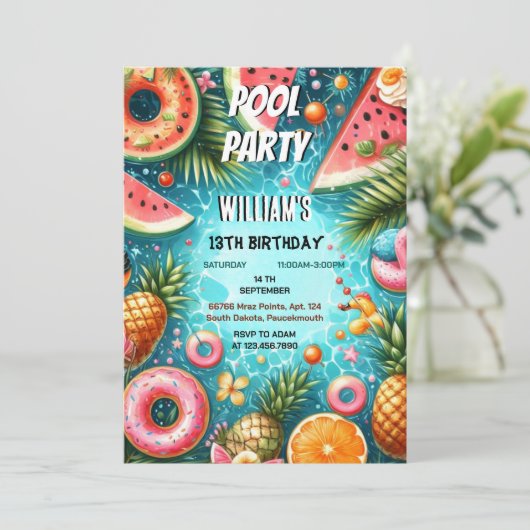 ボーイウォーターブルークールプールパーティー13誕生日 招待状 (スタンド正面)