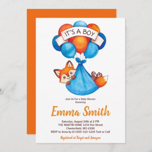 ボーイウォーター色のキツネベビーシャワー招待状 招待状 (正面/裏面)