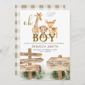 ボーイウッドフォレストサファリ動物ベビーシャワー 招待状 (正面/裏面)