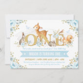 ボーイウッドランドアニマルズブルー金ゴールドフローラ1st誕生日 招待状 (正面)