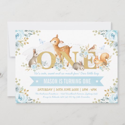 ボーイウッドランドアニマルズブルー金ゴールドフローラ1st誕生日 招待状 (正面)