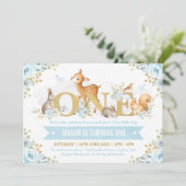 ボーイウッドランドアニマルズブルー金ゴールドフローラ1st誕生日 招待状 (スタンド正面)