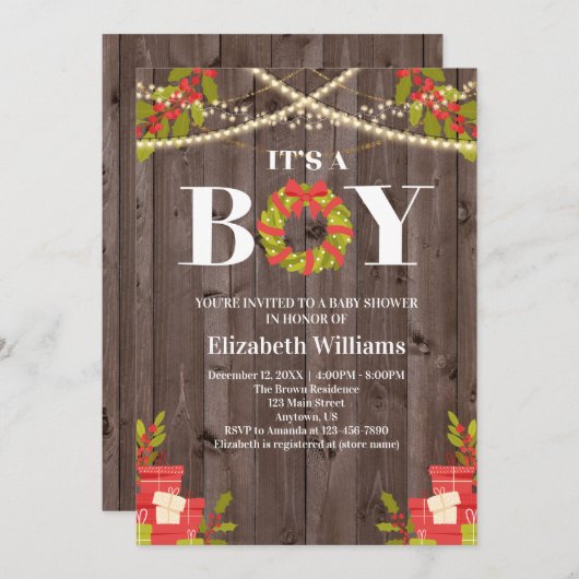 ボーイウッドリースクリスマスベビーシャワー 招待状 (正面/裏面)