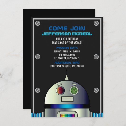 ボーイエイジ宇宙ロボット誕生日科学パーティー 招待状 (正面/裏面)