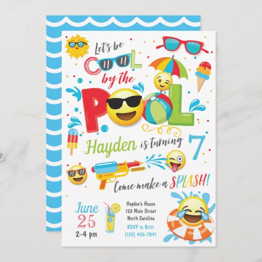 ボーイエモジプールパーティの招待状サマー誕生日 招待状 (正面/裏面)