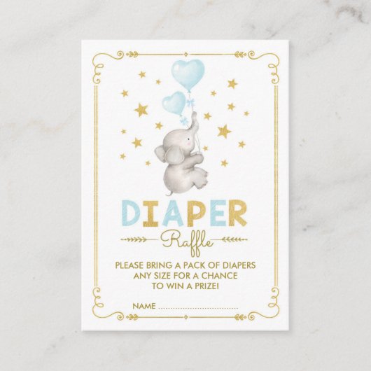 ボーイエレファントおむつラッフルブルー金ゴールドベビーインサート エンクロージャーカード (正面)