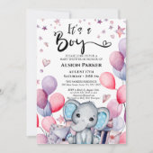 ボーイエレファントウォーターカラーブルーバルーン赤ちゃんシャワー 招待状 (正面)