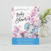 ボーイエレファントウォーターカラーブルーバルーン赤ちゃんシャワー 招待状 (スタンド正面)