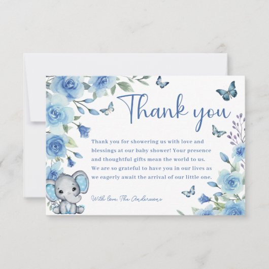 ボーイエレファントダスティブルーバラベビーシャワー サンキューカード (正面)