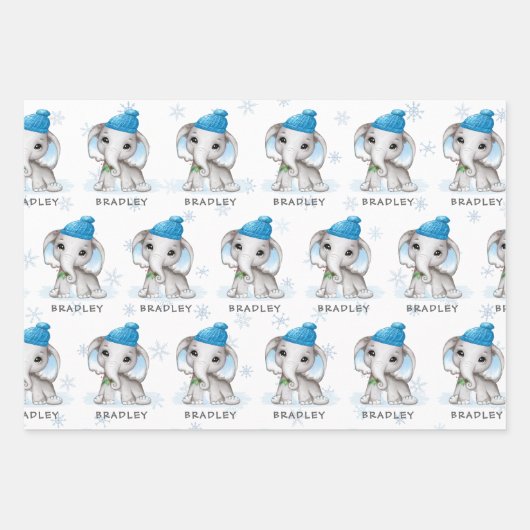 ボーイエレファントブルーウィンタークリスマスパーソナライズされた ラッピングペーパーシート (正面3)
