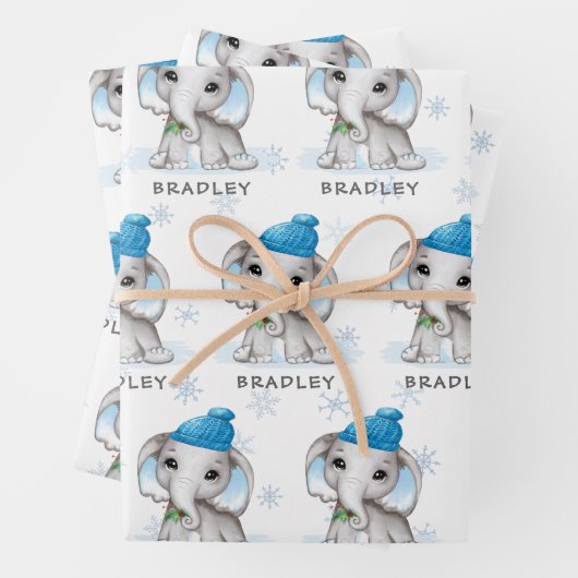 ボーイエレファントブルーウィンタークリスマスパーソナライズされた ラッピングペーパーシート (インサイチュ)