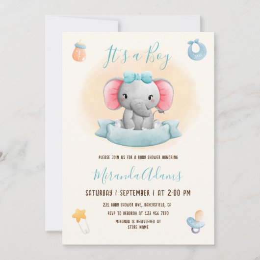 ボーイエレファントブルーウォーターカラーベビーシャワー 招待状 (正面)