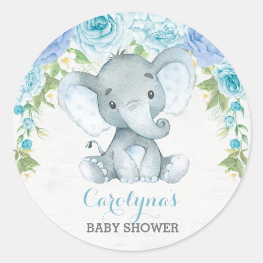 ボーイエレファントブルーバラ牡丹ベイビーシャワーの好意 ラウンドシール (正面)