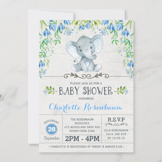ボーイエレファントベビーシャワー招待状ブルーフローラ 招待状 (正面)