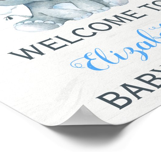 ボーイエレファントベビーシャワー歓迎サインブルーフローラ ポスター (角)