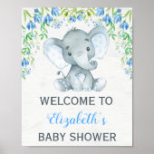 ボーイエレファントベビーシャワー歓迎サインブルーフローラ ポスター (正面)