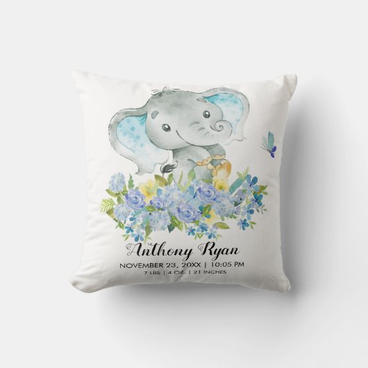 ボーイエレファントベビー誕生統計ピロー クッション (正面)