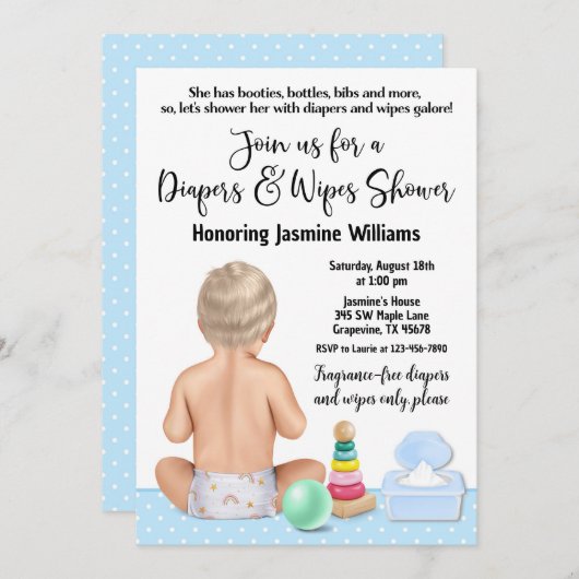 ボーイオムツと拭き取りベビーシャワー招待状 招待状 (正面/裏面)