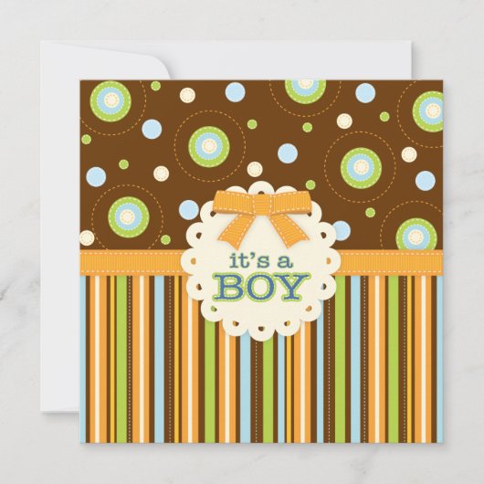 ボーイオレンジ&ブルーステッチベビーシャワー 招待状 (正面)