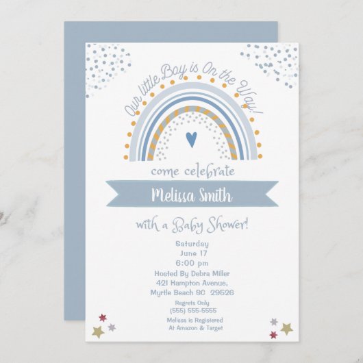 ボーイオンザウェイレインボーベビーシャワー招待状 招待状 (正面/裏面)
