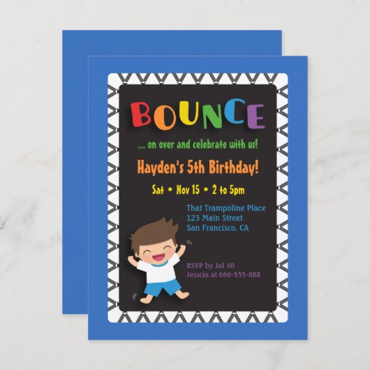ボーイオントランポリン子供の誕生日パーティの招待状 招待状 (正面/裏面)